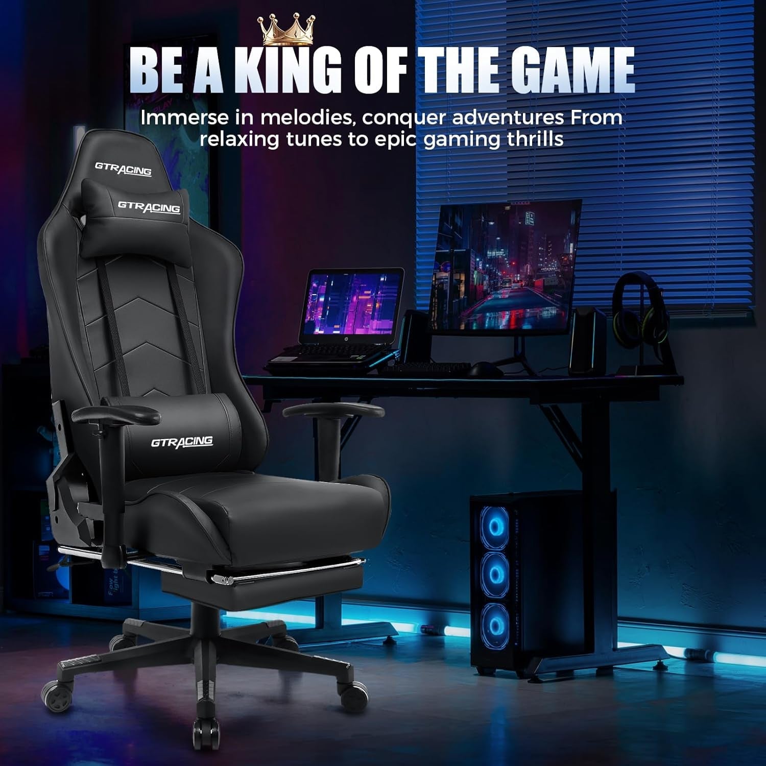 Gaming Chair Black Adjustable Footrest Ergonomic Chair-4
