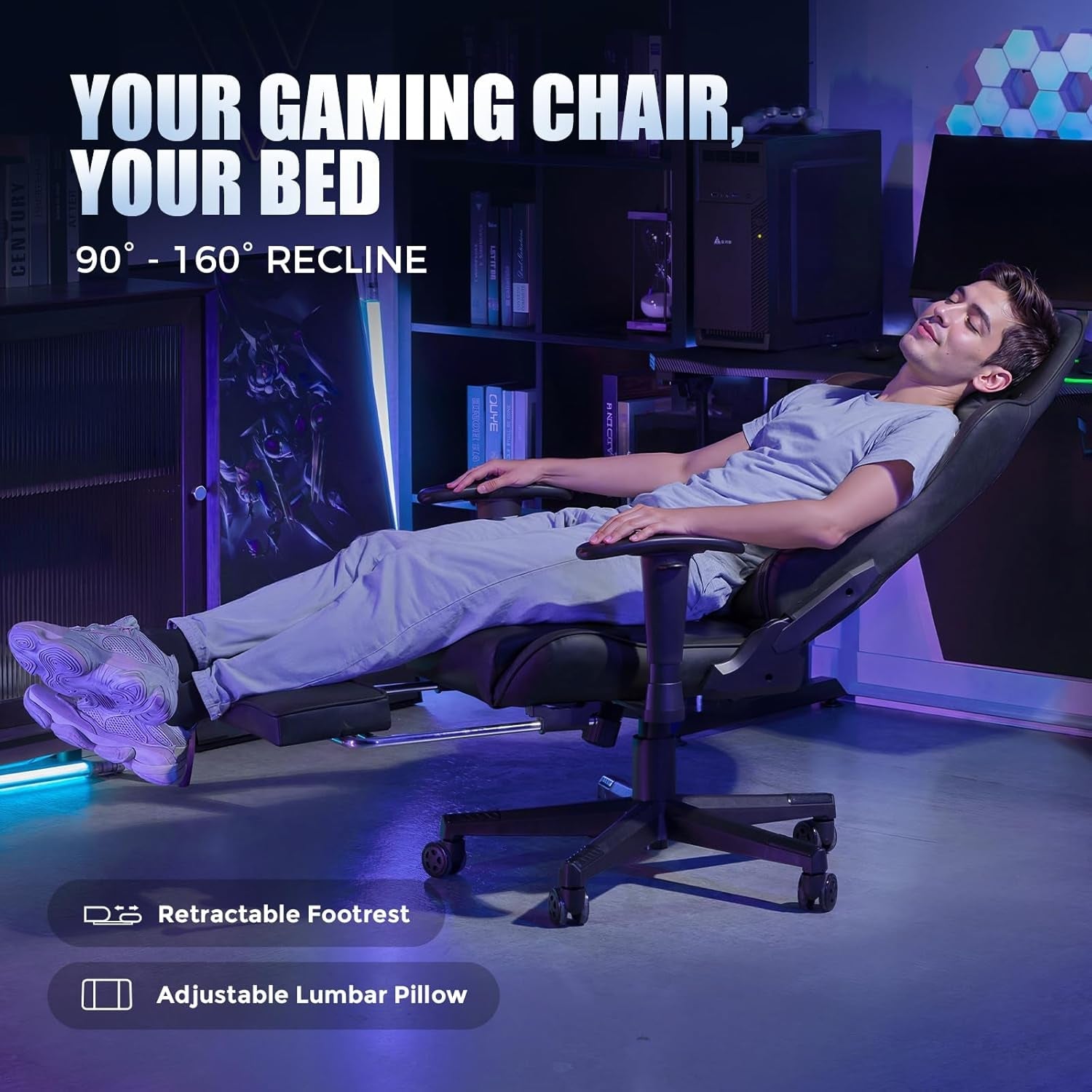 Gaming Chair Black Adjustable Footrest Ergonomic Chair-3